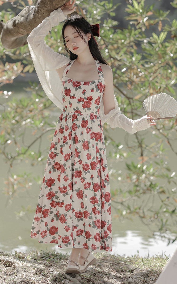 Retro Rose Midi Dress (White/Red)