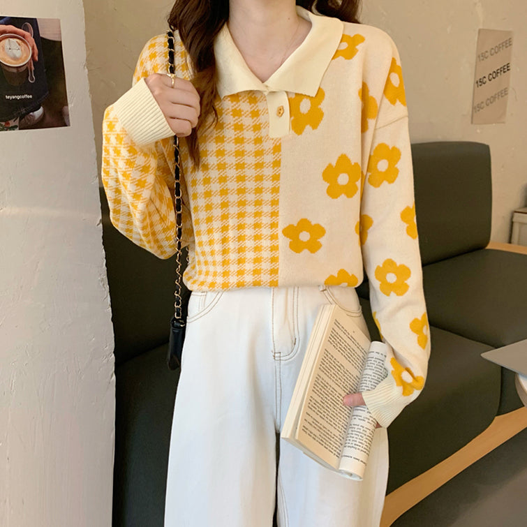 Gingham Daisy Polo Sweater (2 Colors)
