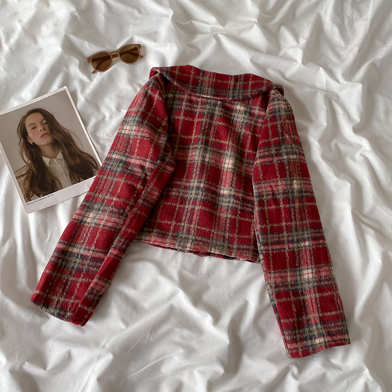 Berry Plaid Jacket & Skirt Set (Red)