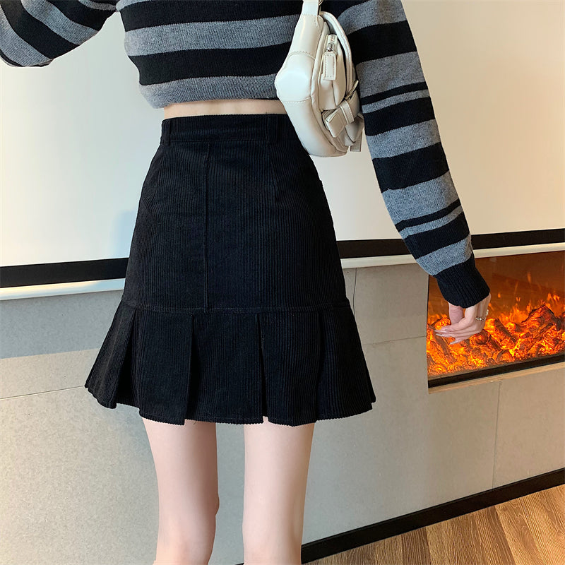 Corduroy Mermaid Pleated Skirt (2 Colors)