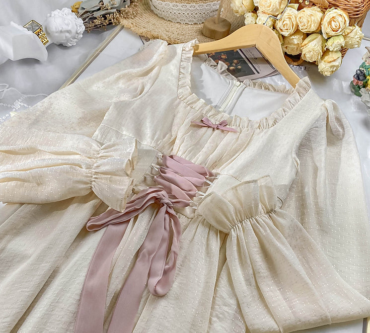 Meadow Corset Midi Dress (White/Pink)
