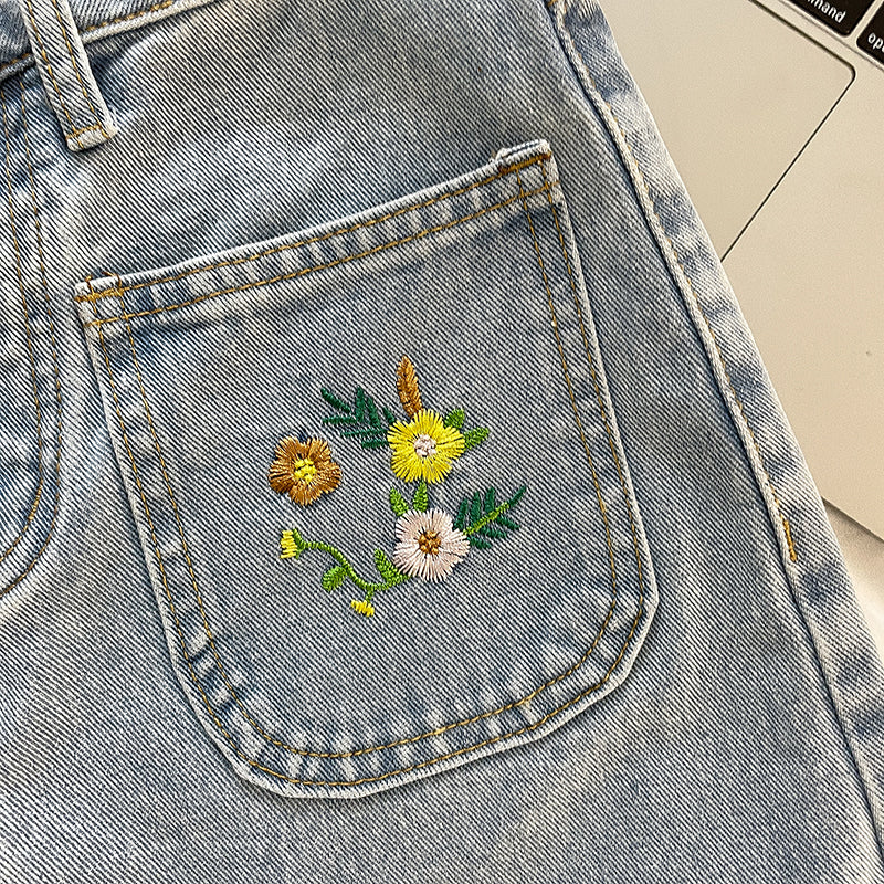 Flower Crown Embroidered Shorts (Light Denim)