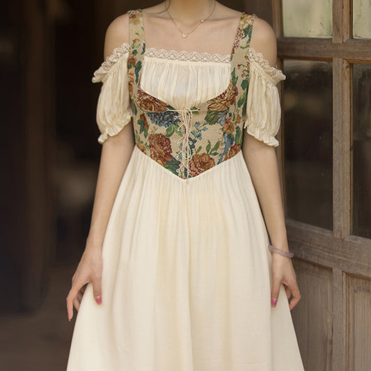 Rustic Floral Corset Twofer Dress (Cream)