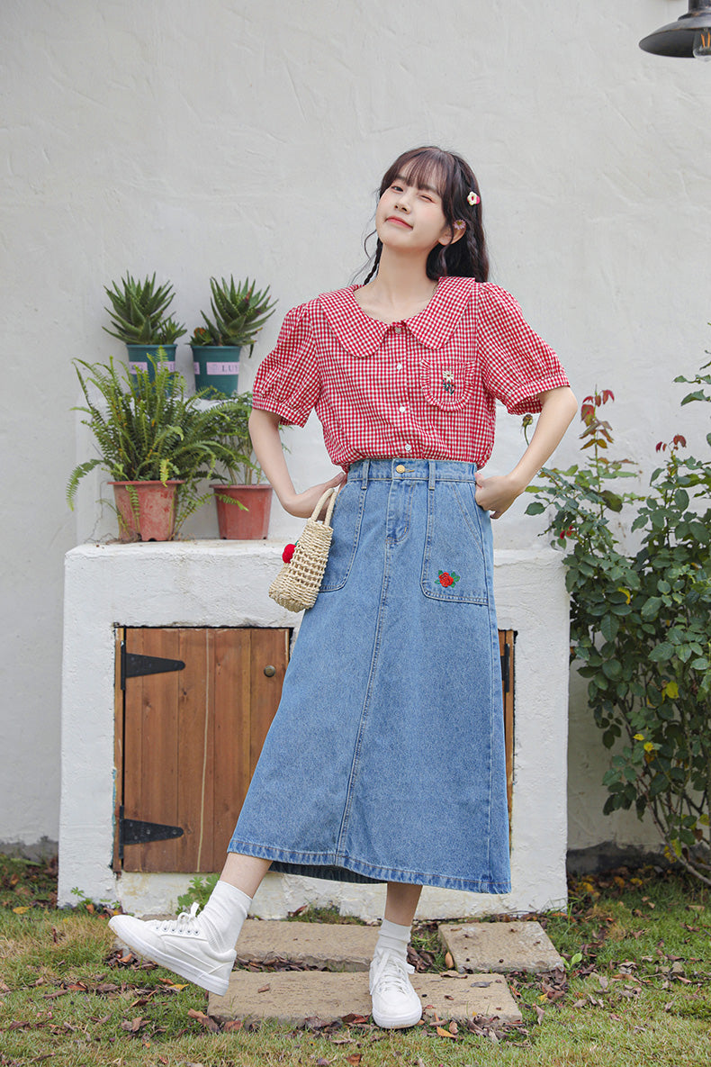 Daisy Pocket Gingham Blouse (Red)