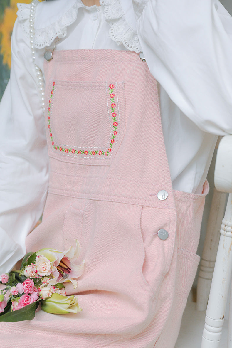 Daisy Chain Embroidered Denim Overalls (Pink)