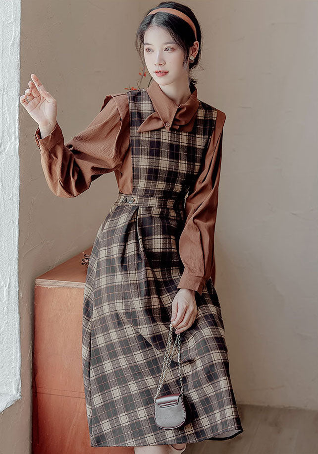 Crepe Plaid Pinafore Dress Set (2 Colors)