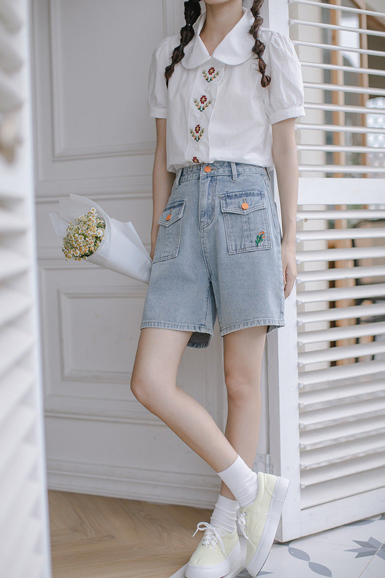 Embroidered Button Pocket Shorts (Light Denim)
