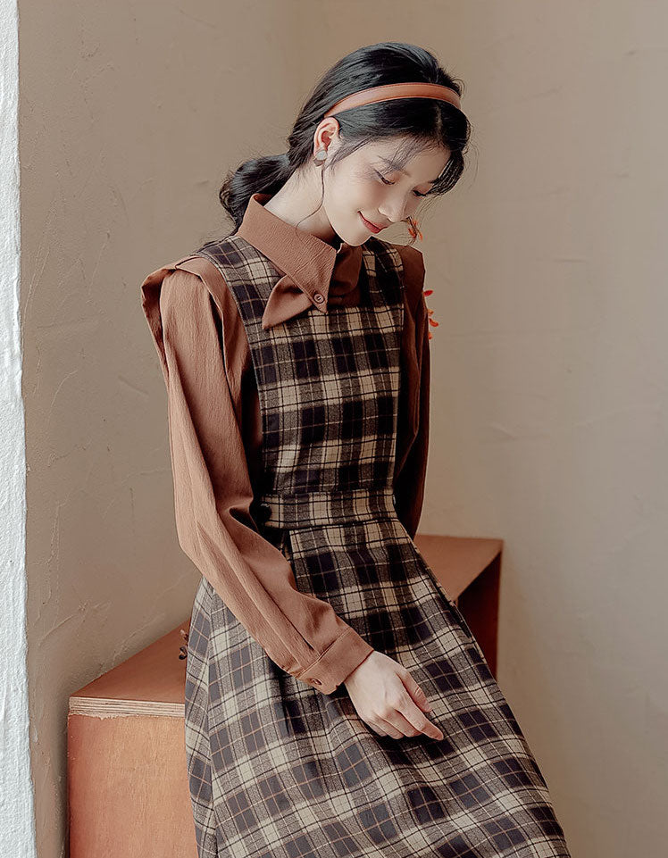 Crepe Plaid Pinafore Dress Set (2 Colors)
