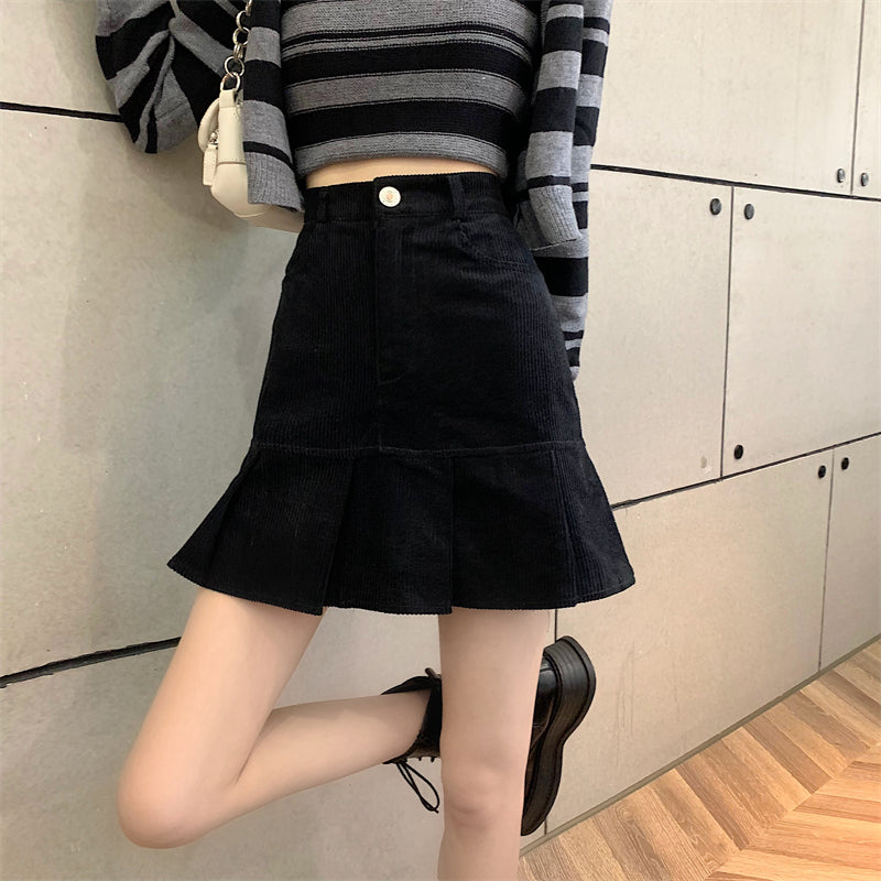 Corduroy Mermaid Pleated Skirt (2 Colors)