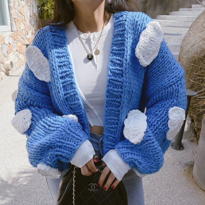 Chunky Cloudy Sky Cropped Cardigan (Blue)