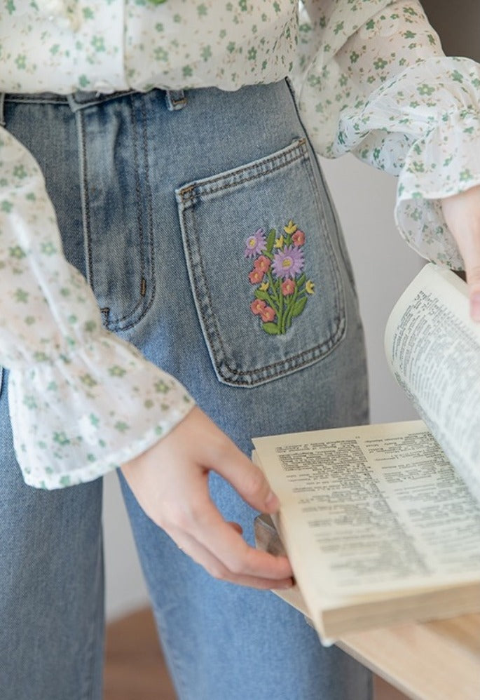 Embroidered Floral Pocket Jeans (Light Denim)