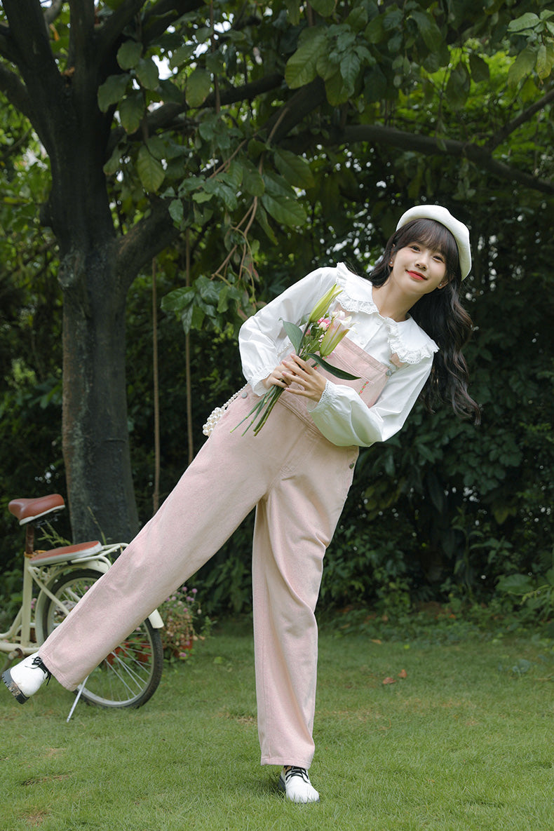 Daisy Chain Embroidered Denim Overalls (Pink)