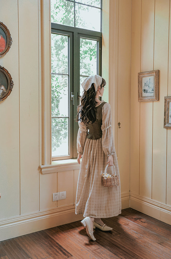 Country Corset Midi Dress (Beige/Olive)