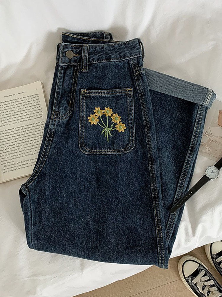 Embroidered Sunflower Pocket Jeans (2 Colors)