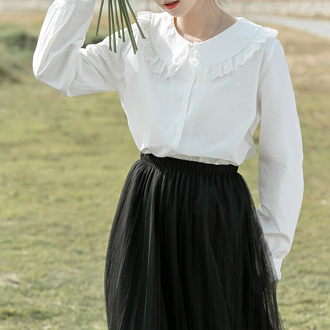 Eyelet Peter Pan Collar Button Up Shirt (White)