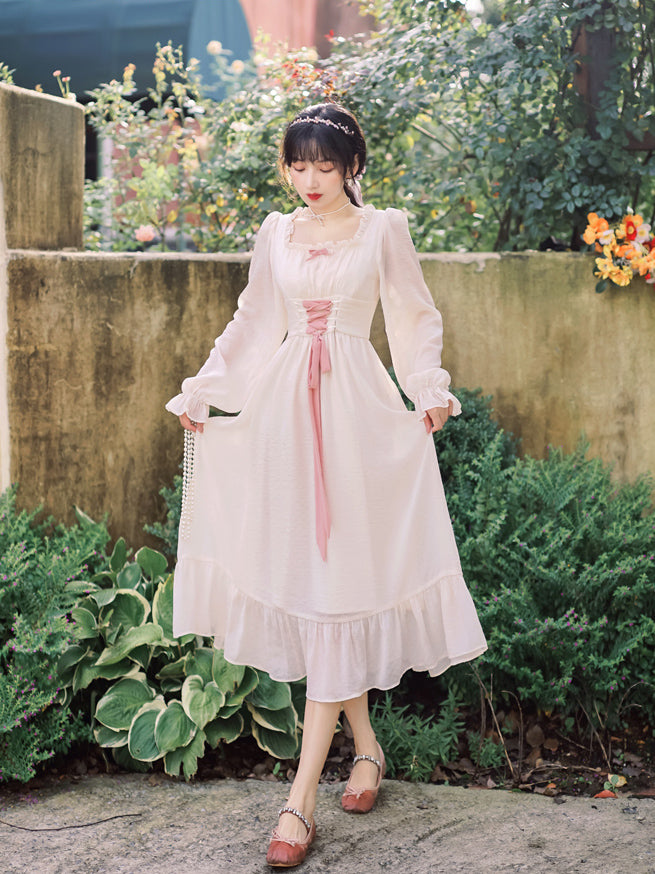 Meadow Corset Midi Dress (White/Pink)