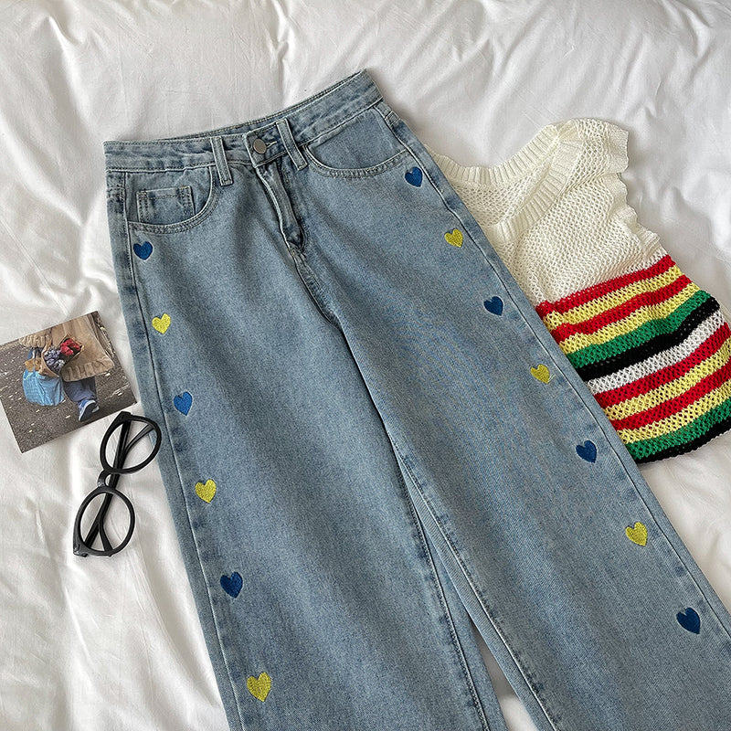 Retro Hearts Embroidered Jeans (Light Denim)