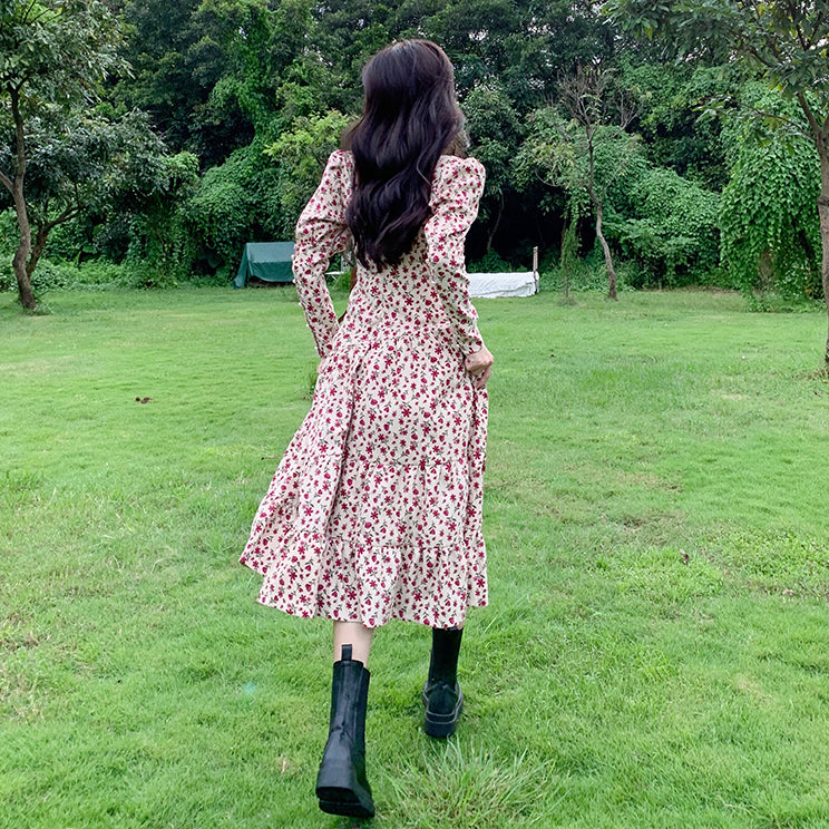 Sweet Floral Corduroy Midi Dress (Cream/Pink)