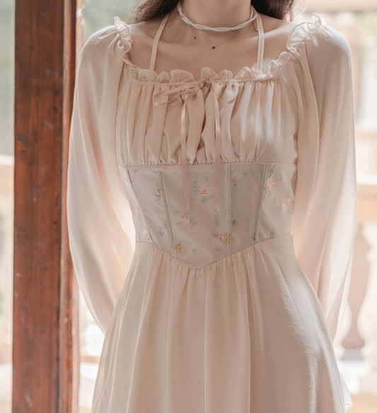 Sweet Floral Jacquard Corset Dress (Beige)