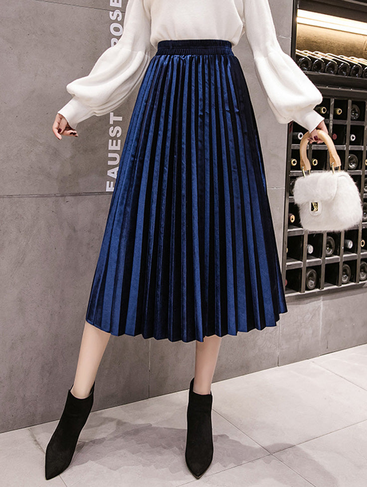 Velvet Pleated Midi Skirt (6 Colors)
