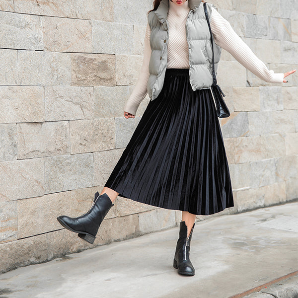 Velvet Pleated Midi Skirt (6 Colors)