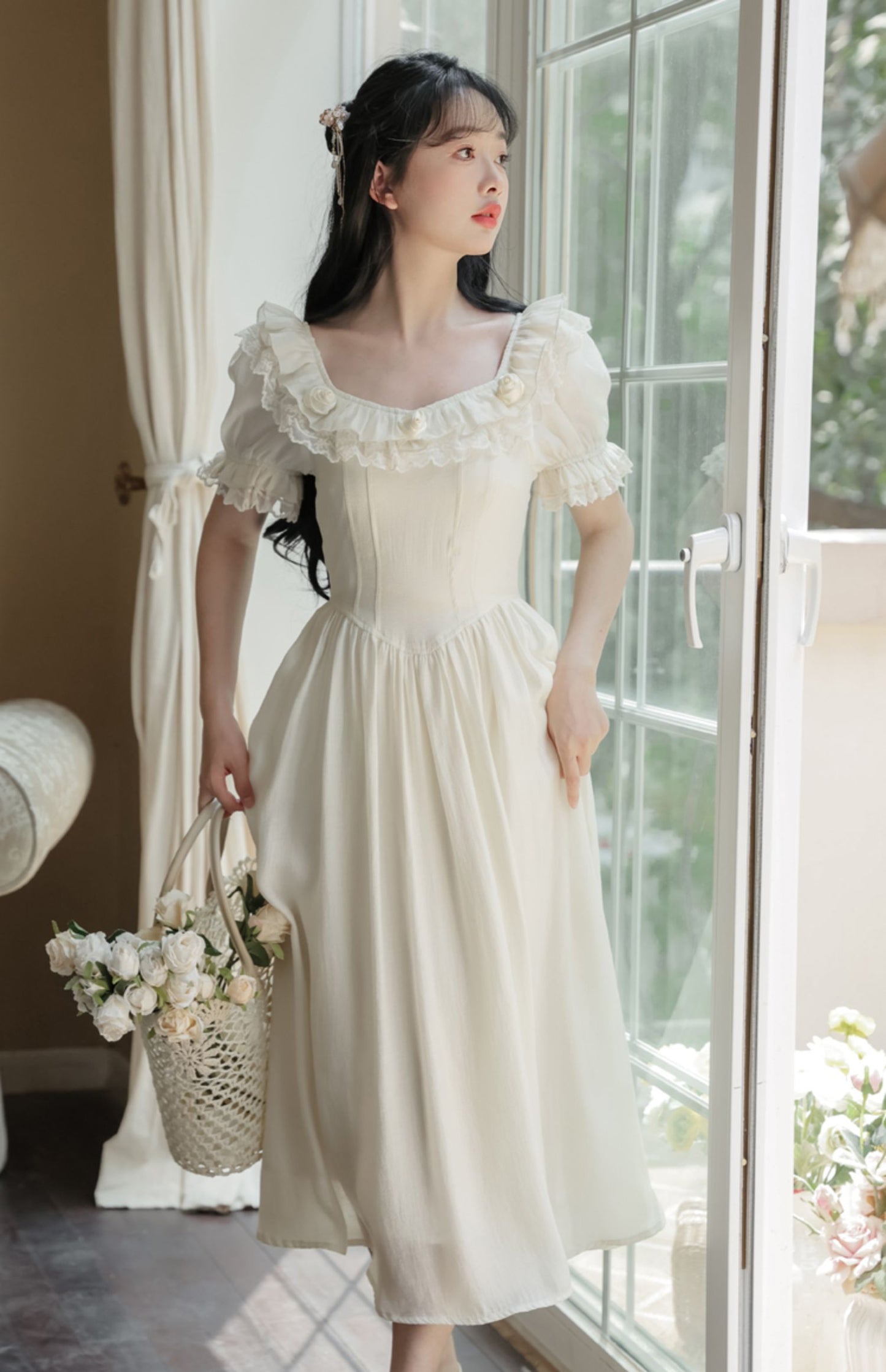 Blanc Rose Midi Dress (Cream)