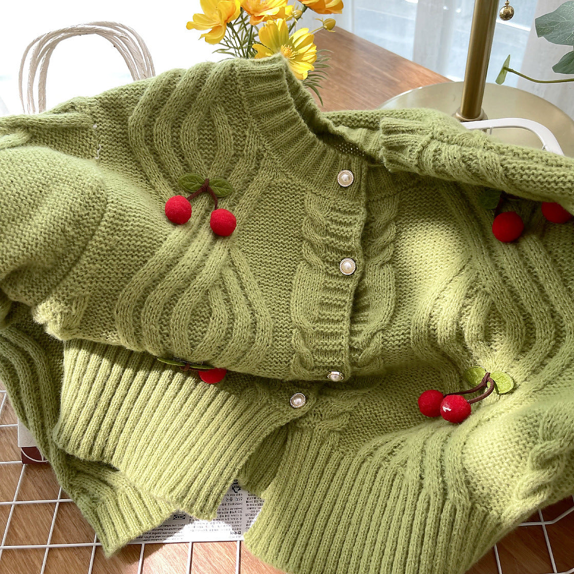 Cherry Pom Pom Cropped Cardigan (4 Colors)