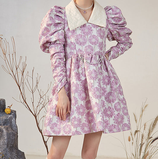 Puff Sleeve Daisy Jacquard Dress (Pink)