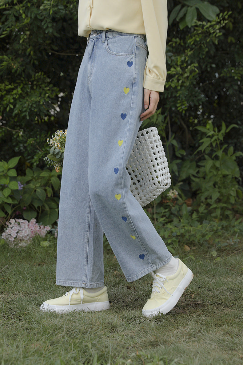 Retro Hearts Embroidered Jeans (Light Denim)