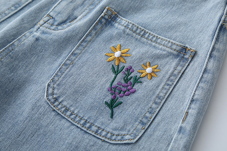 Sunny Flower Embroidered Shorts (Light Denim)