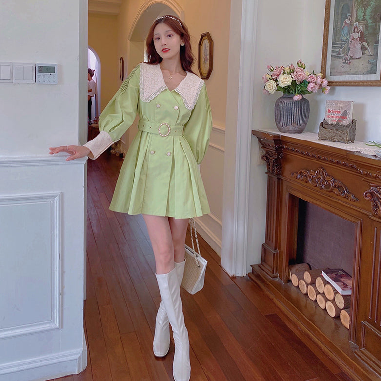 Matcha Peter Pan Pleated Dress (Green)