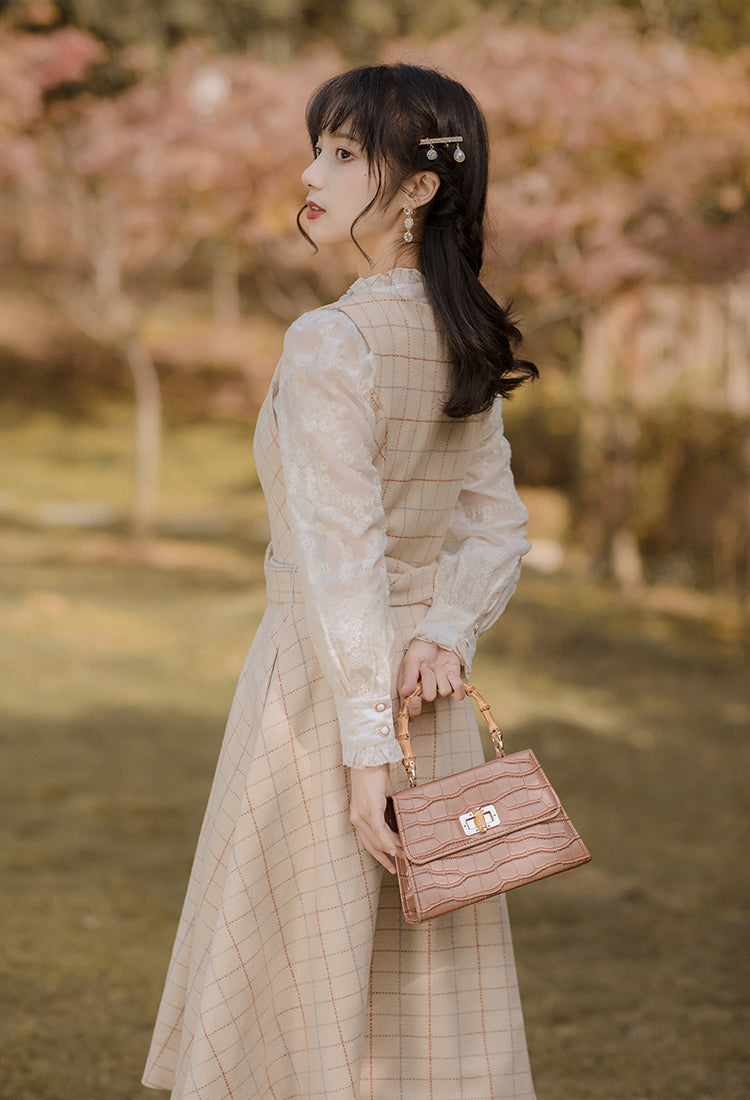 Milky Plaid Tweed Button Up Dress (Cream/Brown)