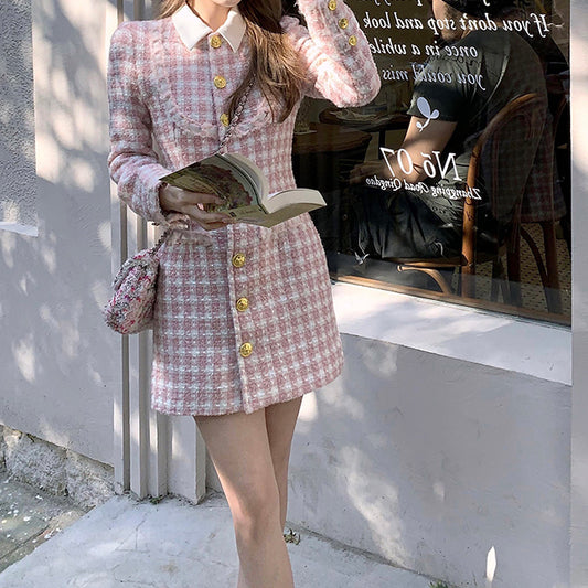 Preppy Tweed Button Up Dress (Pink)