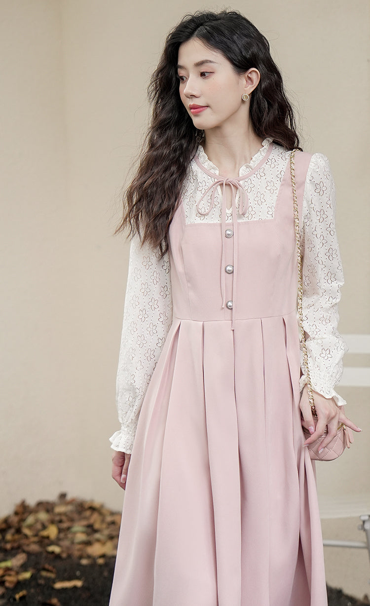 Floral Lace Twofer Midi Dress (Pink/White)