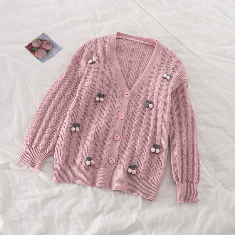 Cherry Pom Pom Cardigan (4 Colors)