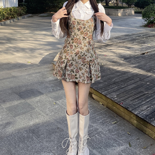 Rustic Floral Twofer Dress (White/Khaki)