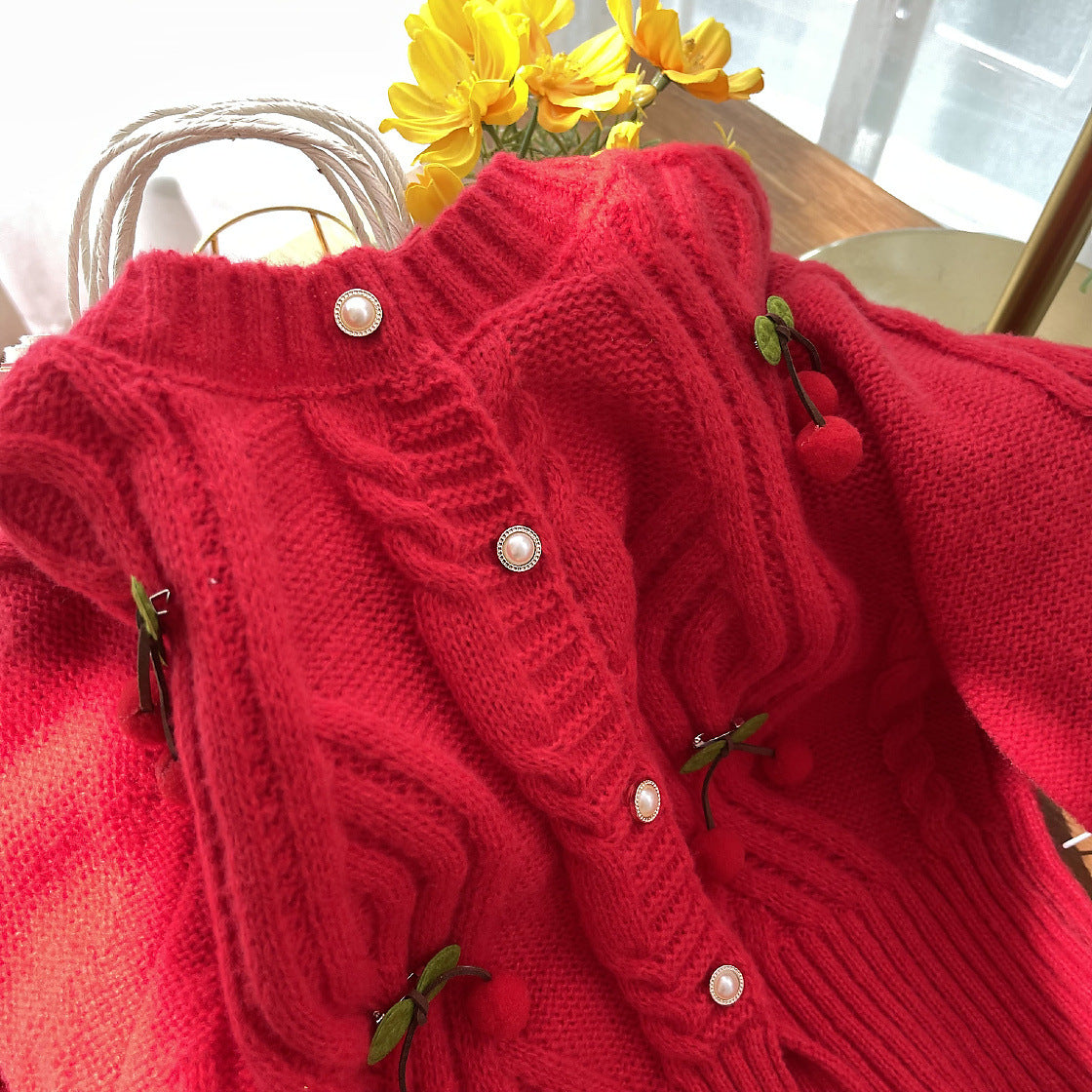 Cherry Pom Pom Cropped Cardigan (4 Colors)