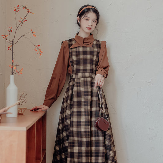Crepe Plaid Pinafore Dress Set (2 Colors)