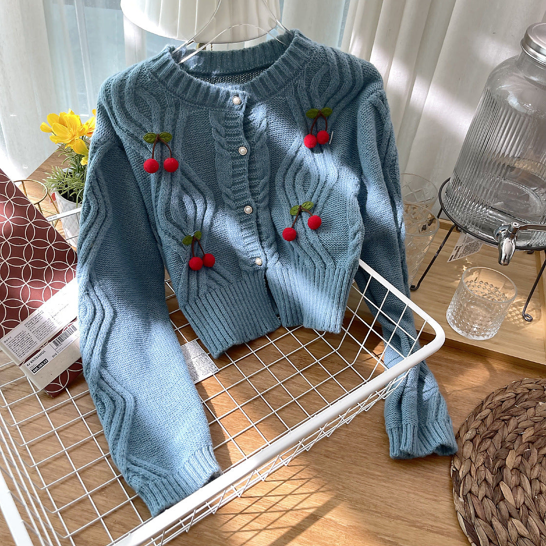 Cherry Pom Pom Cropped Cardigan (4 Colors)