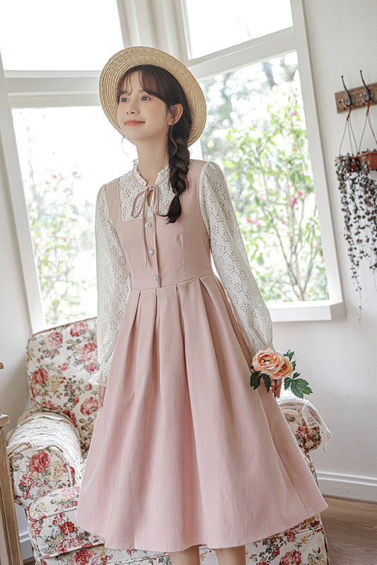 Floral Lace Twofer Midi Dress (Pink/White)