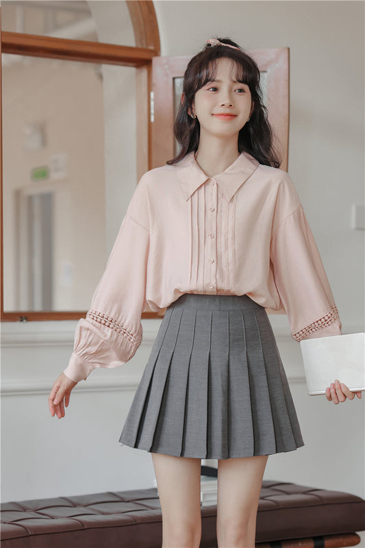 Pintuck Puff Sleeve Blouse (Pink)