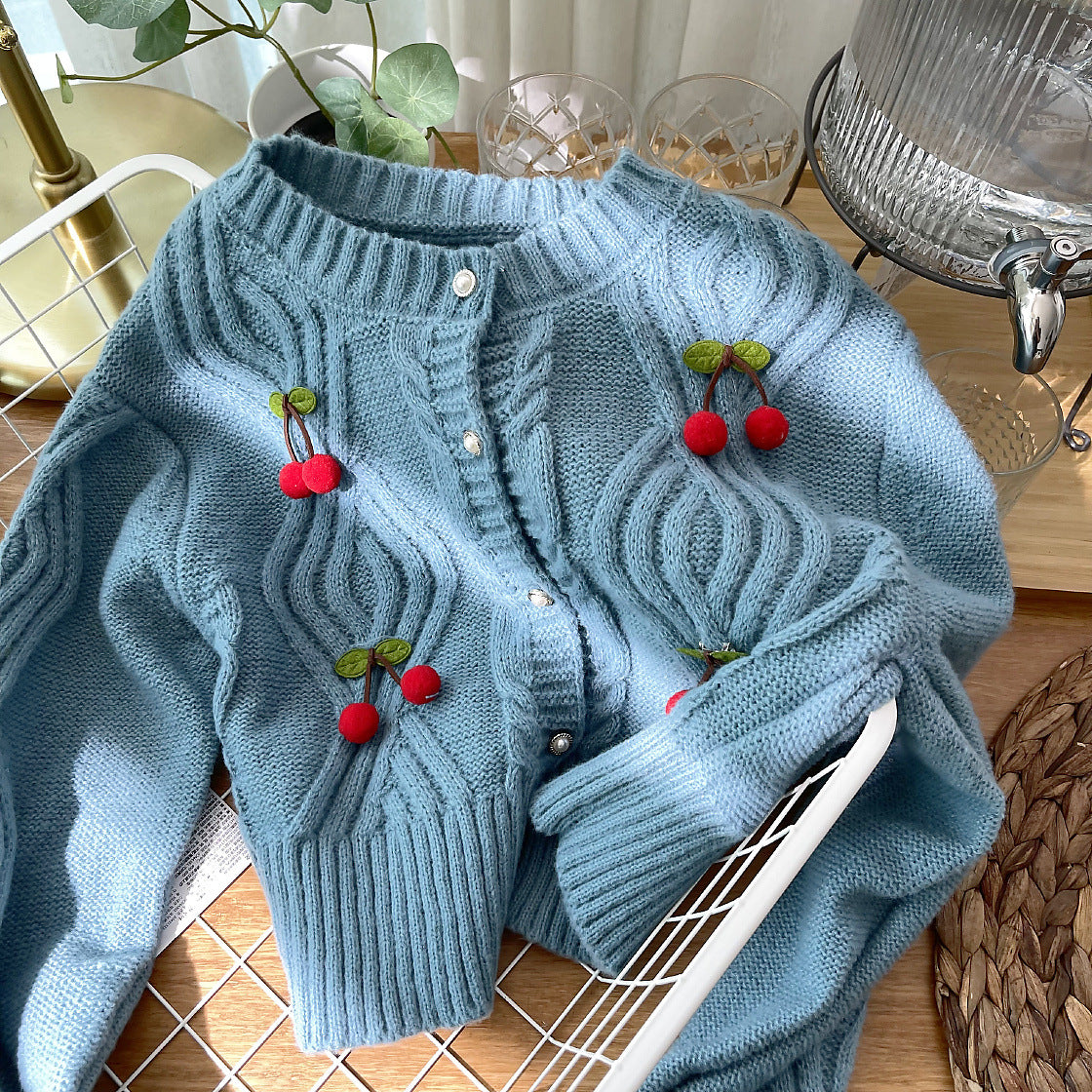 Cherry Pom Pom Cropped Cardigan (4 Colors)