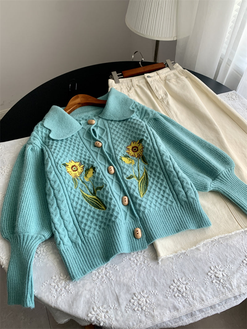 Sunflower Collared Cardigan (Turquoise)