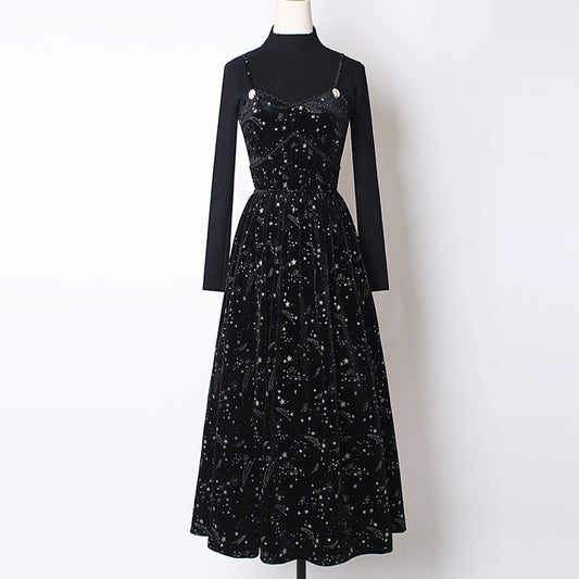 Starry Velvet Cami Midi Dress (Black)