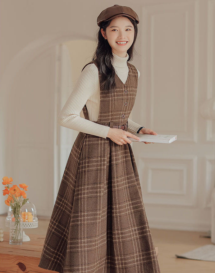 Coffee Plaid Midi Pinafore Dress (Brown)