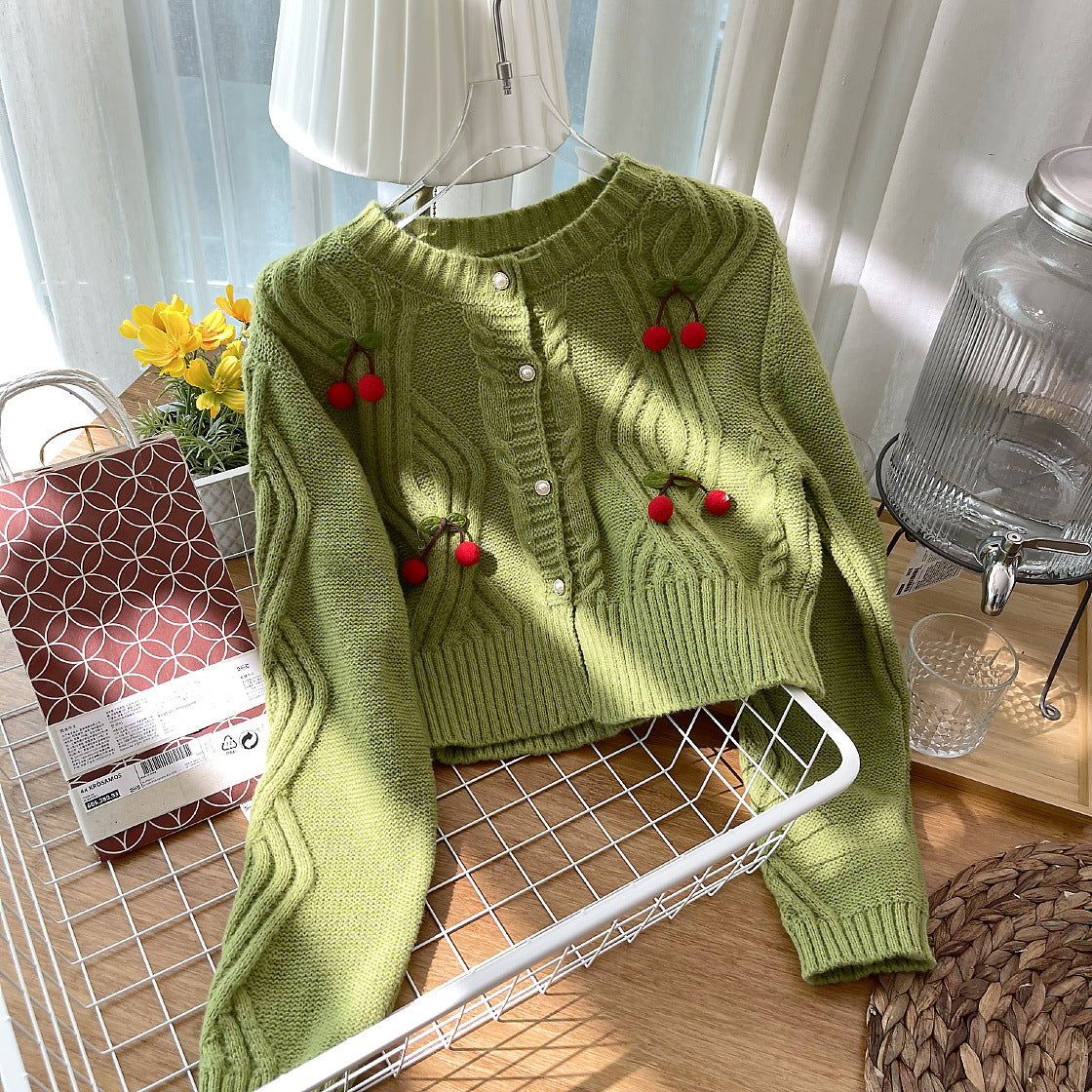Cherry Pom Pom Cropped Cardigan (4 Colors)