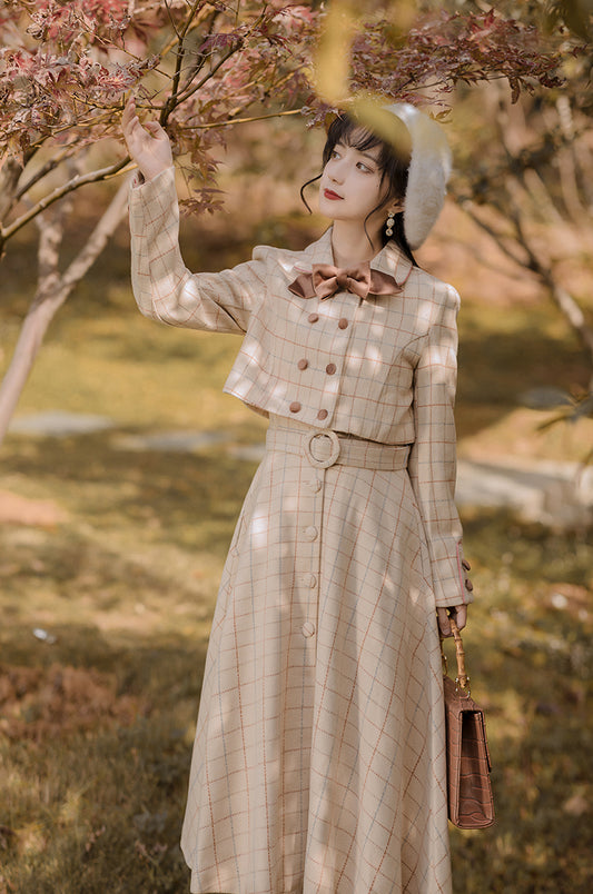 Milky Plaid Tweed Cropped Jacket (Cream/Brown)