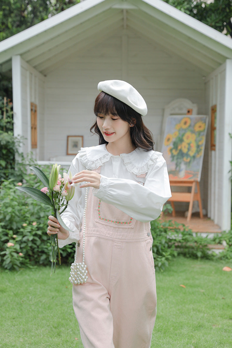 Daisy Chain Embroidered Denim Overalls (Pink)