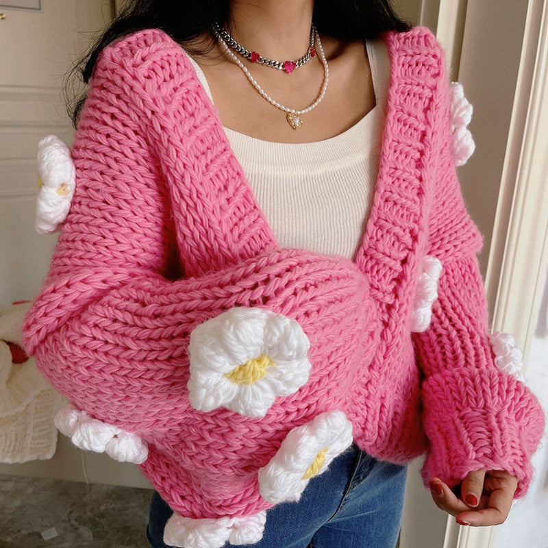 Chunky Daisy Cropped Cardigan (Pink)