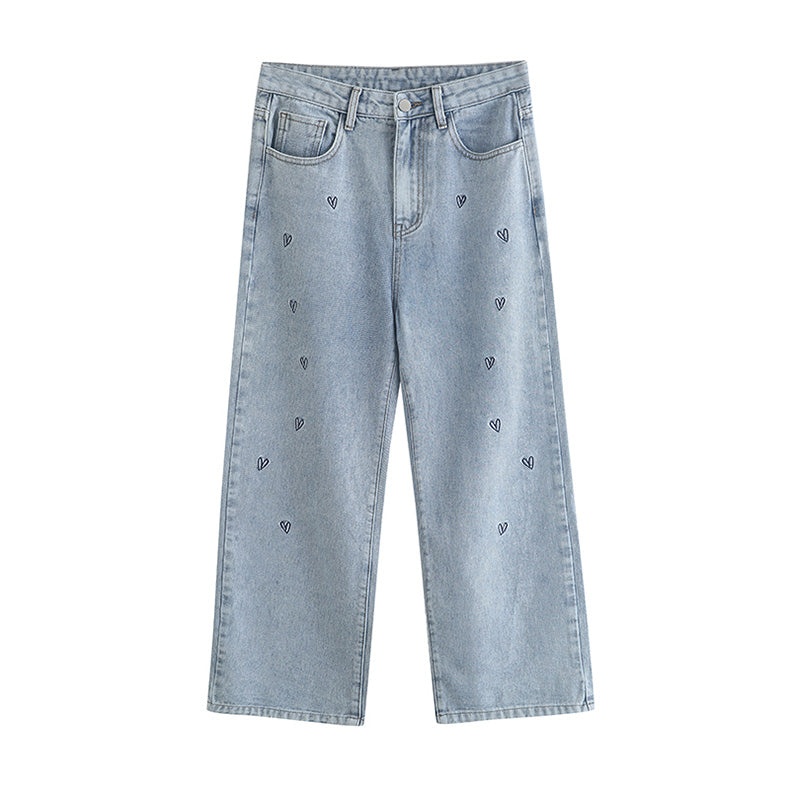 Doodle Hearts Embroidered Jeans (Light Denim)